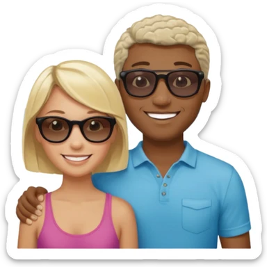 Black man with short salt n pepper hair with younger blonde  both smiling on beach   sticker