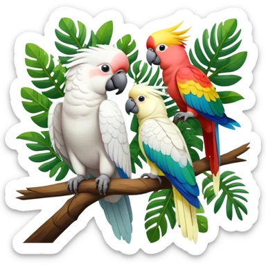 Close-up collage of vibrant Ara parrots and Inca cockatoos sitting on tree branches, surrounded by lush greenery. Bright colors of the birds stand out against a natural, sunny background of trees, flowers and fruits. Transparent background. sticker