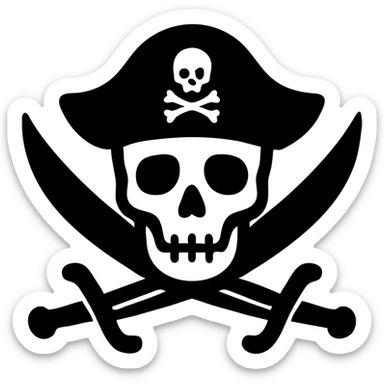 stylized icon of green skull with empty sockets, classic black pirate hat with small skull-and-crossbones on front, two curved cutlasses crossed behind the skull, bold black and green palette on white background, swords detailed and do not cover the skull sticker
