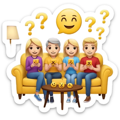 group of friends on couch playing a trivia game couch should be deep dark yellow color.  include a small wooden table in front of the couch as well.  Add 1 smiling face emoji and 2 question marks above their heads sticker