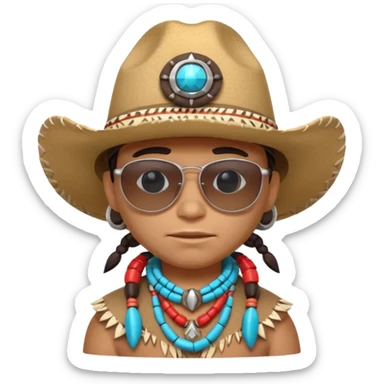 cute Indigenous tribal character portrait, head and shoulders only, cowboy hat, sunglasses, tribal accessories, confident expression, 3D cartoon, mobile game icon style, clean background, no text, no watermark
 sticker