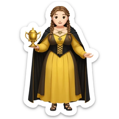 Helga Hufflepuff,brown-haired,2 braids,yellow-black medieval open dress,deep neckline,fat macromastia,black cloak decorated with gold braiding,gold cup with two handles,very kind smile,curvy busty sweet woman,round rosy cheeks,full length with medieval shoes sticker