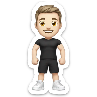Joyful Celebrating victory Pale skinned Fit Man With the biceps and dark brown hair in black shirt, gray sports shorts and white Sneakers sticker