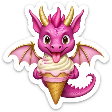 A dragon with its shiny glittered wings in pink tones and pink and gold legs, eats vanilla and chocolate ice cream sticker