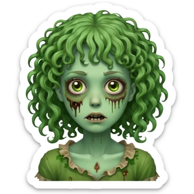 Green zombie emoji girl with curly hair, with curly bangs sticker