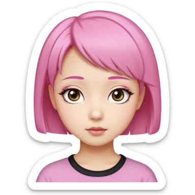 An Asian girl with pink short hair, big eyes, thick eyebrows, and long eyelashes;  sticker