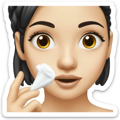 white girl applying cream on face with black hair sticker