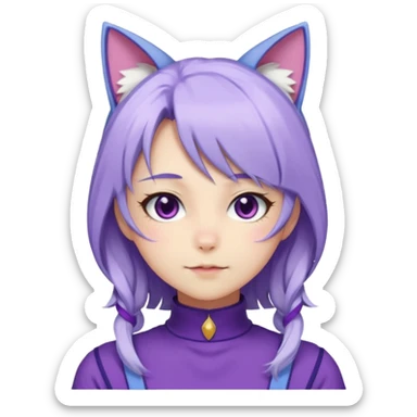 female anime character with long white and periwinkle hair and cat ears on her head. She is wearing a purple outfit with a high neckline and long sleeves.  sticker