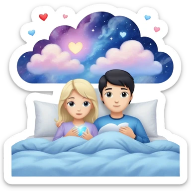 Sweet dreams a blonde man in a very  comfy bed with blue and Pastel clouds and an delicate  galaxy with a dark-haired girl sending a heart elegant  sticker