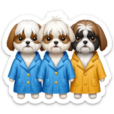 3 dogs wearing rain coats, one white maltese, 1 brown tri colour shihtzu and 1 black and white shitzu sticker