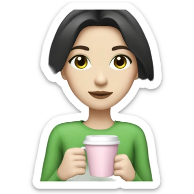 girl with pale skin, very long dark black hair and green eyes and light pink outfit drinking a latte sticker
