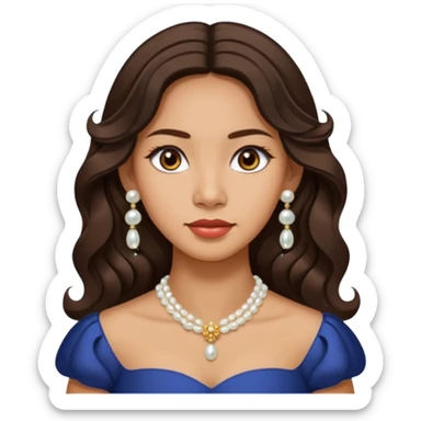 Tan Filipino woman with dark brown eyes and long dark wavy hair parted in the middle wearing a traditional filipiniana and white pearl stud earrings and no other jewelry sticker