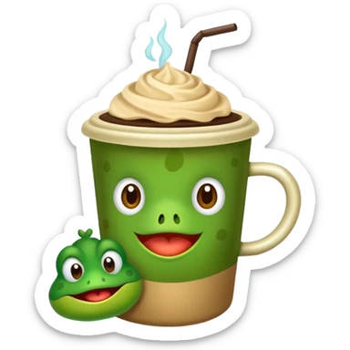 Un sapo tierno con un laso de color verde claro y un vaso de café frío  sticker