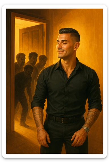 a man stands confidently in a sunlit room, facing away from a group of dark, shadowy figures with harsh or angry expressions who are walking out the door. The man’s posture is upright and relaxed, his face calm and relieved. Warm light fills the space, symbolizing his newfound peace and positivity. sticker