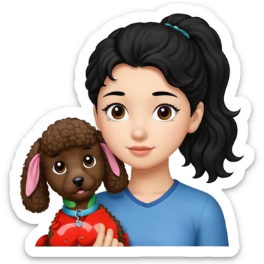Ponytail black hair girl with brown Poodle say goodbye  sticker