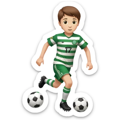 Celtic footballer jersey logo  6 years old brown hair white boy , brown eyes , stripes uniform , RUNNING  with soccer ball # 17 celtic football logo PUT ONLY ONE LOGO ONE CELTIC LOGO ONLY  sticker