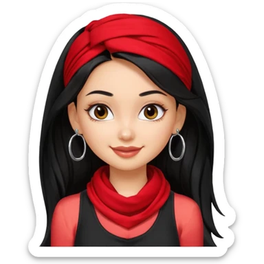 a pretty bratz girl with long black hair, kajal under eyes, small silver hoop. black tank top on. Red scarf around neck sticker
