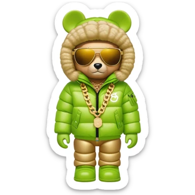 classic bearbrick wearing lime green mask with logo tags, oversized puffy down jacket with lavish fur hood, single-lens visor sunglasses, stacked gold chains, streetwear fashion icon sticker