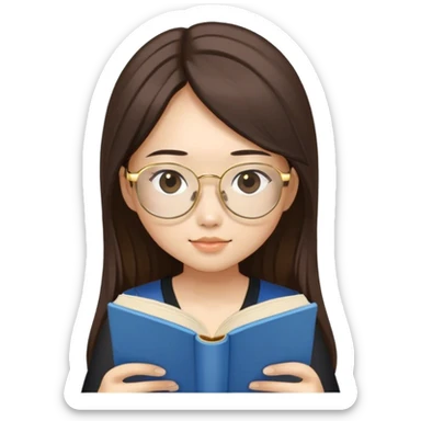 pretty asian girl sitting reading a blue book black top gold glasses long brown hair sticker