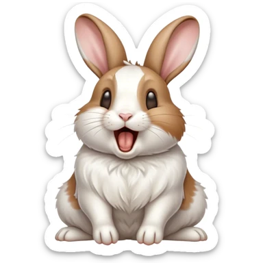 Cinematic Cute Yawning White and Brown Rabbit Portrait Emoji, Head tilted slightly with a dramatic, wide-open yawn, showcasing a soft, patterned fur with crisp white and warm brown patches, floppy ears slightly drooping, round eyes barely open in drowsy contentment, Simplified yet irresistibly adorable features, highly detailed, glowing with a soft, cozy glow, high shine, relaxed yet expressive, stylized with a touch of whimsy, bright and endearing, soft glowing outline, capturing the essence of a sleepy yet affectionate bunny, so drowsy it feels like it could stretch out of the screen and curl up for a nap! sticker