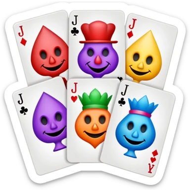 bunch of 3 poker cards, with crazy colorful jolly jokers inside, inversed face sticker