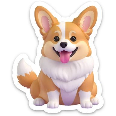 cool redhead tri color corgi, sitting, tongue out, fluffy fur, white, tan, and black markings sticker