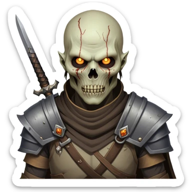 Cinematic Realistic WoW Undead Warrior Portrait, head tilted epicly and inquisitively, showcasing grim resilience and defiant strength. His withered, pallid skin and intense, glowing eyes contrast starkly with his worn, earth-toned clothes, rendered in meticulous detail. With dynamic, high-contrast lighting and high shine, this portrait exudes an epic aura, capturing the relentless will of a battle-hardened undead warrior. sticker