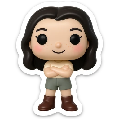 Create a Funko Pop style vinyl figure inspired by the reference image. The figure should have a cream-colored top, grey bottoms, dark brown boots, arms crossed, slightly rosy cheeks, very light freckles, a mischievous and cheerful expression, and dark hair. The background should be transparent. No accessories included. sticker