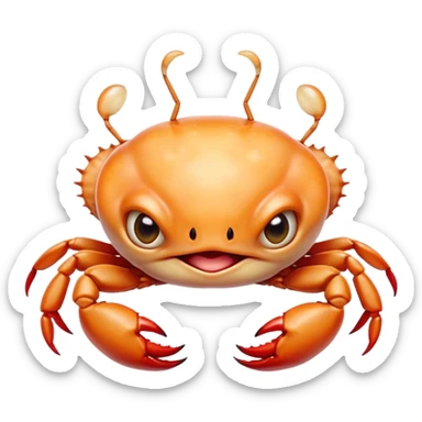 Cinematic Comical Baby Crab Portrait Emoji, Head tilted dramatically with an exaggeratedly shocked expression, featuring a tiny, vibrant carapace with wide, comically expressive eyes full of playful disbelief and miniature, animated pincers, Simplified yet hilariously expressive features, highly detailed, glowing with a slightly sassy coastal glow, high shine, dramatic yet playful, stylized with an air of cheeky seaside mischief, soft glowing outline, capturing the essence of a meme-worthy baby crab that looks ready to pinch its way into viral fame! sticker