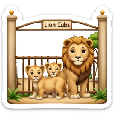 Un letrero del zoológico que dice “LION CUBS — BORN LAST WEEK” y delante una leona con sus cachorros recién nacidos, con la gente mirando emocionada desde la reja.






 sticker