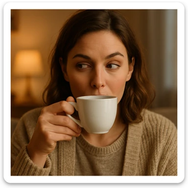 realistic woman giving side eye while sipping hot tea with her pinky up, subtle makeup, cozy setting sticker