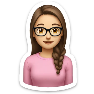 Russian smile Girl with straight brown hair and black glasses frame and in pink sweater working behind laptop sticker