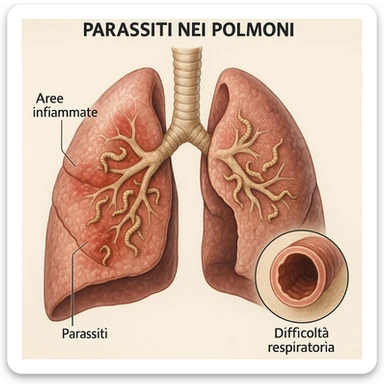realistic medical illustration of a cross-section of lungs showing parasites causing respiratory problems, with inflamed areas and visual cues for breathing difficulty, educational and respectful, labeled in Italian, no explicit details sticker