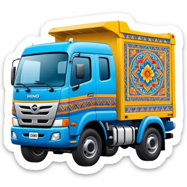 Emoji style illustration of a Hino 500 truck, colorful Peruvian decorative truck art, bright blue body, Andean patterns and vibrant painted details, bold outlines, flat vector style, clean shading, sticker design, centered, white or transparent background, high detail, cartoon style sticker