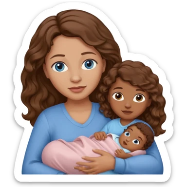 Mom with blue eyes and wavy hair carrying brown skinned newborn sticker