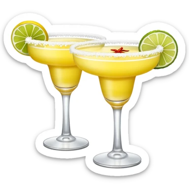 2 margarita cocktails. one is the classic margarita: yellowy with salt on the rim and a lemon. the other one is a spicy margarita: slightly more red color with a small red chili pepper instead of a lemon on the rim  sticker