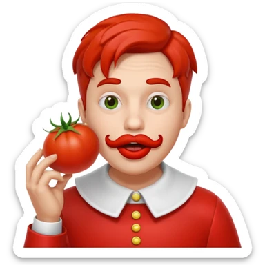 funny theater actor character who ate tomatoes, tomato sauce around mouth, dramatic expression, stage costume collar, 3D cartoon, mobile game icon style, clean background, no text, no watermark
 sticker