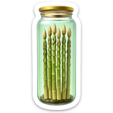 tall clear glass jar filled with upright pale white or green asparagus spears submerged in brine, sealed metallic lid gold or green, slim smooth spears neatly arranged tips upward, no label plate or extras, soft lighting, subtle shadows, transparent background, emoji scale sticker