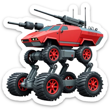 unstoppable American 8-wheel armored personnel stealth self-balancing army massive mech trail vehicle shooting forward side-hill leaning actively robotically articulating hydraulic independent suspended pod gimbal enemy mech off-road racing rover with large fast engine RC basher crawler megatron  sticker