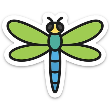 realistic dragonfly with bright green and blue wings, color outline icon style sticker