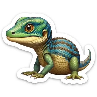 cinematic-realistic-cute-monitor-lizard-portrait-emoji,-head-tilted-playfully-and-inquisitively,-featuring-a-compact,-agile-body-with-finely-detailed,-glossy-scales-in-earthy-olive-hues-and-a-distinct,-alert-face-with-bright,-curious-eyes, blue , brown spotted and green multi coloured  scales sticker