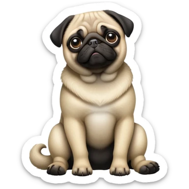 cinematic-[pug]-realistic-full-body-sitting-emoji,-tail-resting-loosely-beside-its-paws,-head-tilted-dramatically, -sleek-[black]-fur,-simplified-yet-realistic-focused-features,-highly-detailed,-glowing-with-an-almost-sarcastic-glow sticker