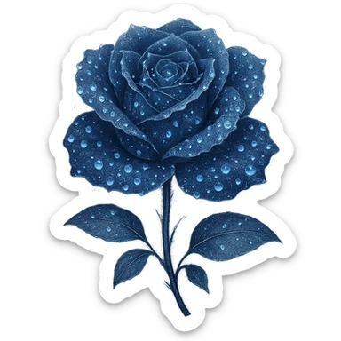 Add glowing dewdrops on the petals of the midnight rose in deep blue, adorned with subtle silver accents and a soft, ethereal glow. Keep the background transparent. The style should reflect a delicate and ethereal look with emphasis on the glowing effect and silver accents. sticker