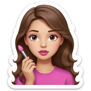 girl with long wavy brown hair, brown eyes, light to medium complexion, in a pink shirt, pink lips, long lashes, puckered lips, putting on blush sticker