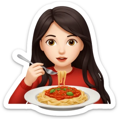 chica joven con piel clara y pelo oscuro largo comiendo un plato de pasta sticker