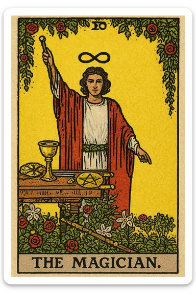 The Magician tarot card, full figure, in the style of Rider Waite Smith, detailed, mystical, holding a wand, with a table of symbols, yellow background, classic tarot illustration. sticker