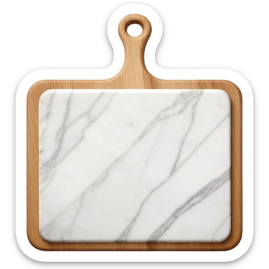 white marmor cuttingboard with a wooden grip all along the top side sticker