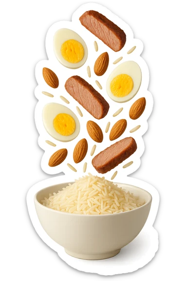 bowl bianca in cui cadono verticalmente fettine di carne, uova sode, mandorle e riso basmati sticker