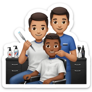 Barber cutting teenage boys hair. Show the boy sat in black barber chair and both having smiles on their faces. Both have dark hair sticker