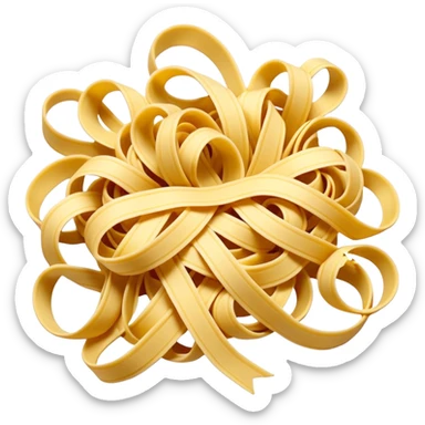 loose nest or small pile of uncooked fresh tagliatelle pasta, warm yellow color, soft slightly flour-dusted surface, long flat ribbons with gentle curls and natural irregularity, no plate sauce or garnish, soft lighting, subtle shadows, emoji scale sticker